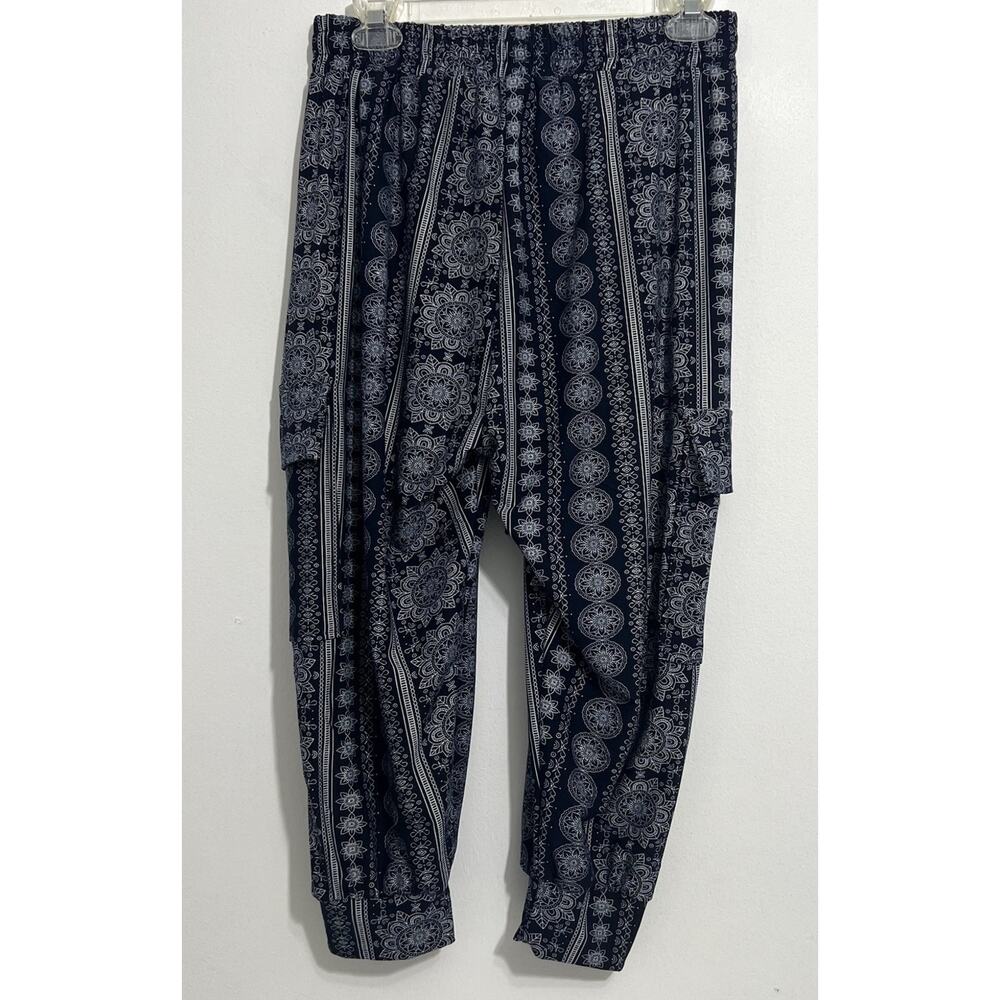 Always Women’s Jogger Pants Blue White Print Stretch Casual Lounge Size L Cargo - Picture 2 of 5